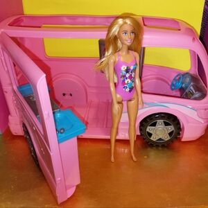 Barbie swim doll & pink Camper car with kitchen tv